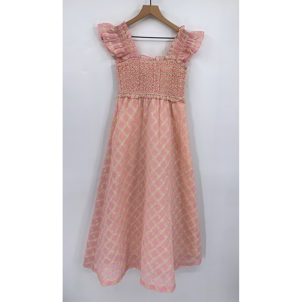Sofie the label Dress Women Small Pink Tan Gingham Ruffle Smocked Maxi Boho
